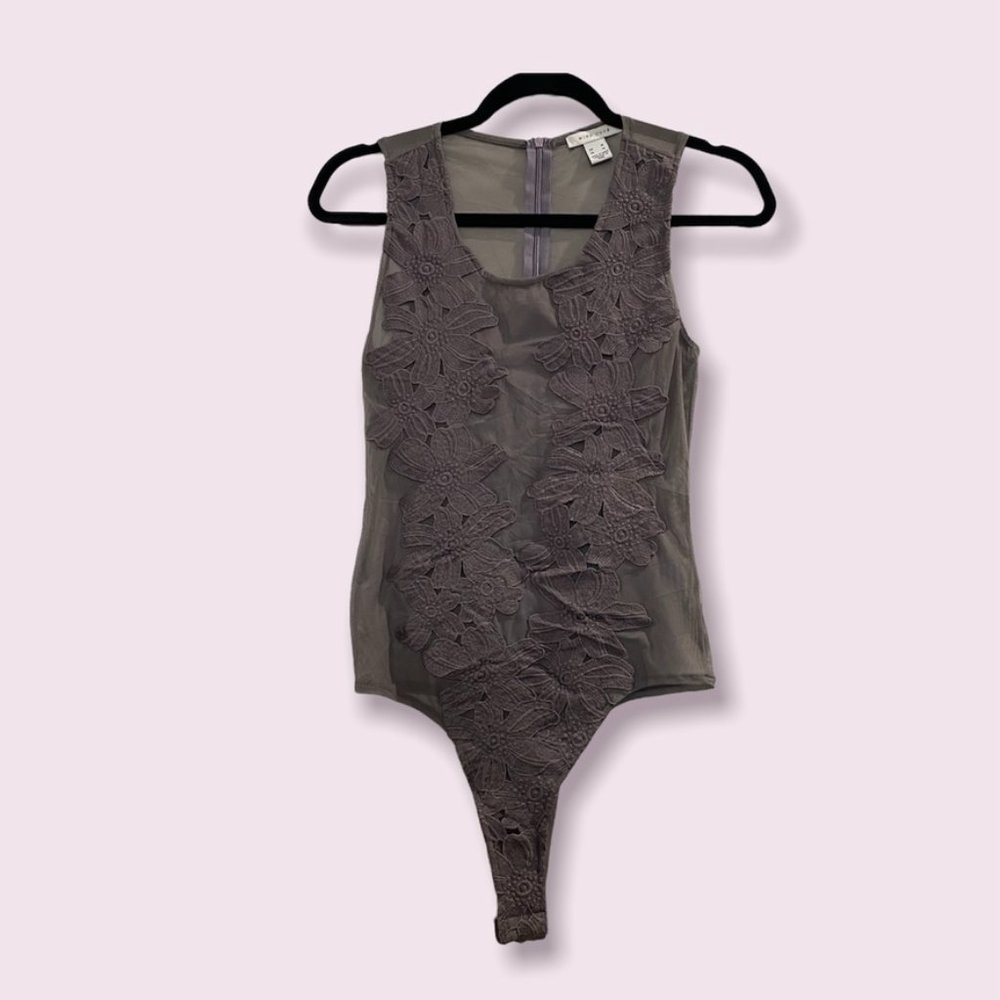 Mind Code Mesh See Thru Floral Applique Bodysuit Taupe Grey Medium